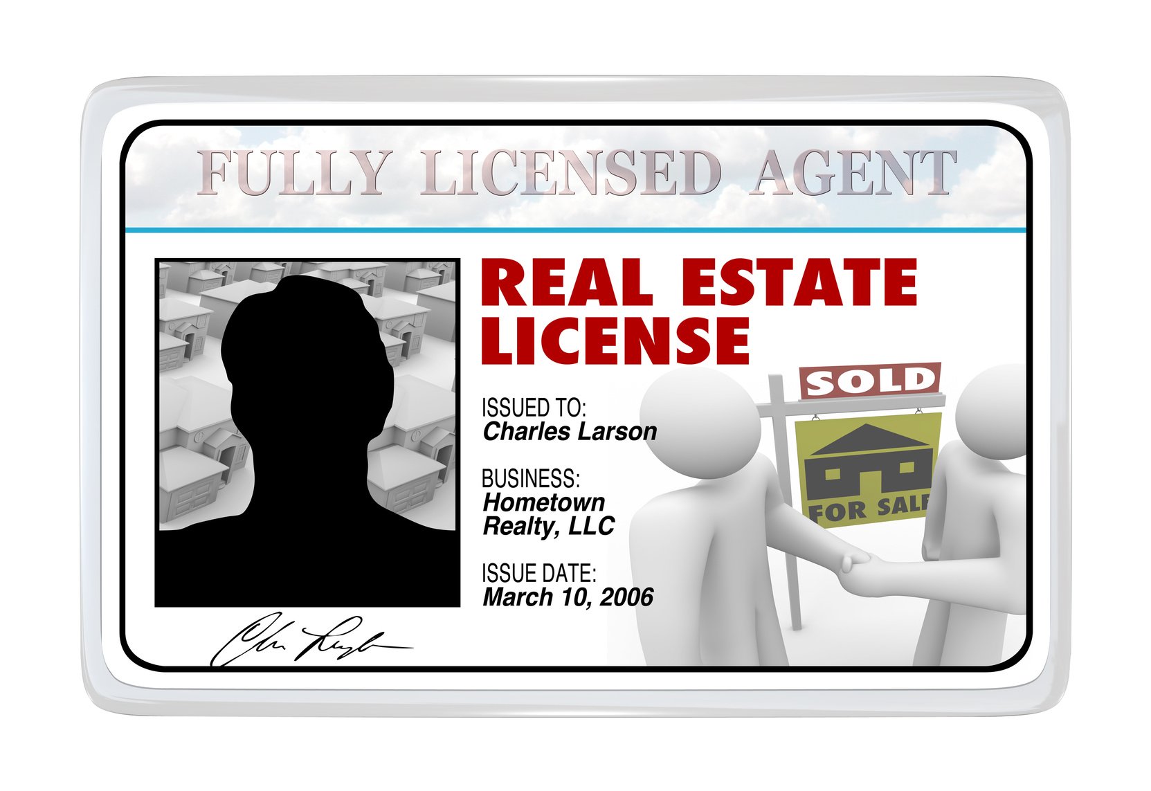 A laminated identification I.D. card or for a real estate license that a buying or selling professional would use to prove his credentials and certification to do business