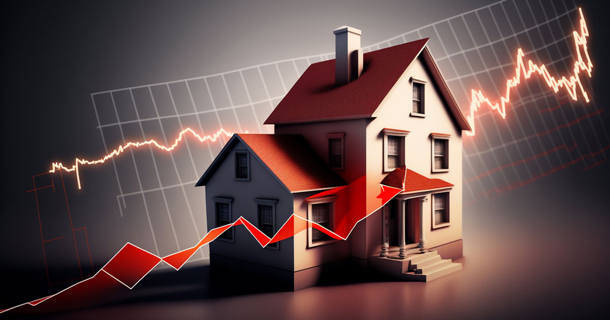 two red housing market trendlines over house with red roof