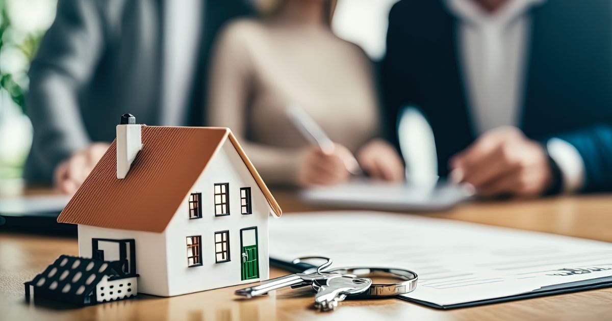 couple reviewing paperwork to sell a house