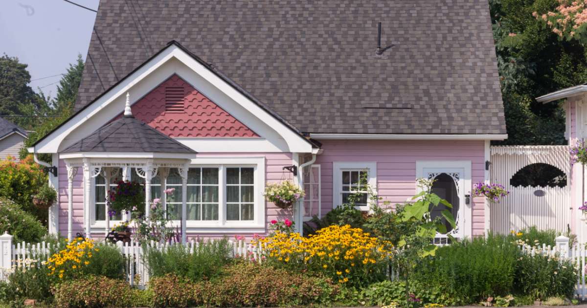 Pink house with gray roof
